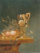 unknow artist Stilleben mit verschiedenen Fruchten, einem groben Romerglas und einer Uhr auf einer Tischkante USA oil painting artist
